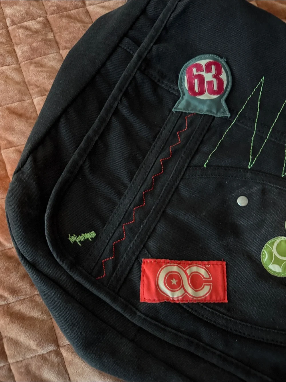 OC Sport Black Canvas Messenger Crossbody Bag with Patch Details